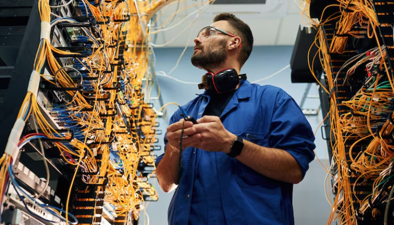 Data cabling engineer in a high-tech server room surrounded by server racks and colored cables, using professional equipment to install and maintain network infrastructure.